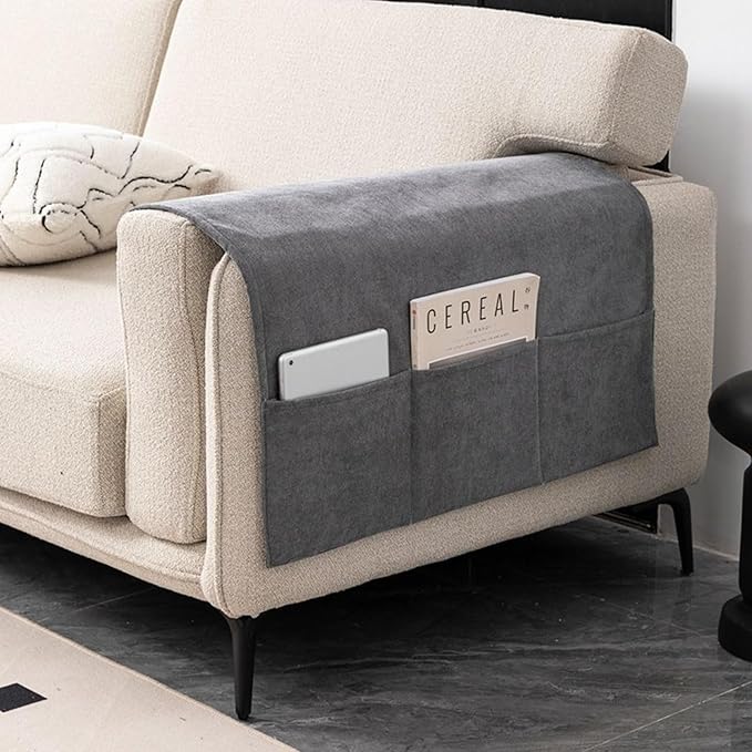 Recliner Chenier Armrest Covers for Living Room Anti-Slip Sofa Arm Protector for Dogs, Cats, Pets Armchair Slipcover for Couch with 3 Pockets for TV Remote Control, Phone, Set of 2 (Charcoal Gray)