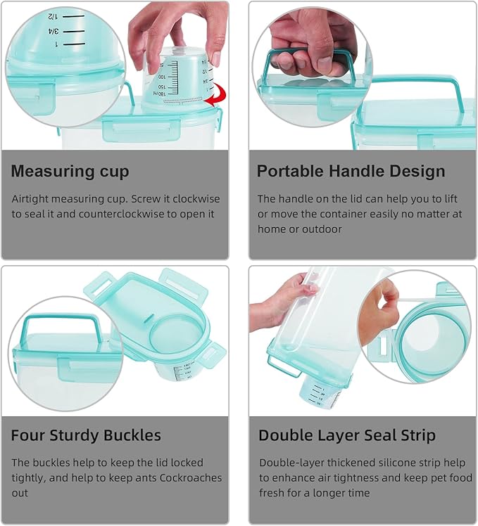 LEAWALK 3-5Lbs Airtight Small Cat Dog Pet Food Storage Containers BPA Free, with Large Pour Spout/1 Measuring Cup/ 4 Safety Locks and Double-layer Silicone Strip (Clear Blue 2Pack)