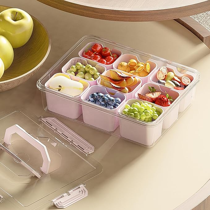 REBECAT Divided Serving Tray with Lid and Handles 9 Compartments Snack Box Container Charcuterie Organizer Snackle Box Container for Candy,Nuts，Fruits,Snacks,3 Pack,Pink