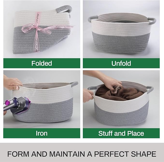 Medium Rope Basket with Handles, Medium Bohe Storage Basket, 17 "L x 12.5" W x 8.5 "H, Home Decor Organizer for Towels,toys, Books & Magazines
