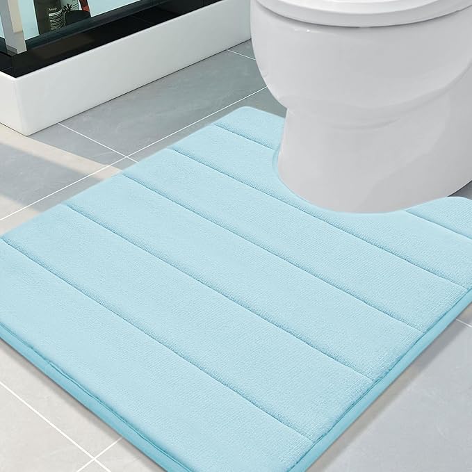 Buganda Memory Foam U-Shaped Contour Toilet Rugs, Non Slip Absorbent, Thick Soft Washable Bathroom Mat, Floor Carpet Bath Rugs Mat for Toilet Base (24" x 20", Light Blue)