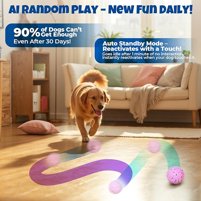 Fsitego Dog Balls: Interactive Dog Ball Auto Rolling - Interactive Dog Toys for Aggressive Chewers - Bouncy & Throwable, Type-C Rechargeable, Washable, for Small & Medium & Large Dogs – Pink