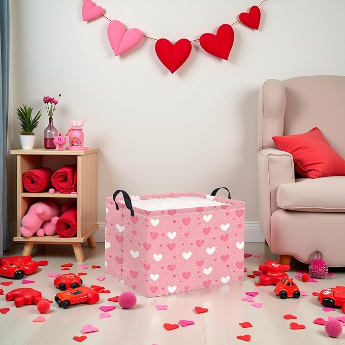 HIYAGON Rectangular Valentines Basket Baby Girl Storage Bin Pink Basket Organizer Box Heart Room Decor(Pink Hearts)