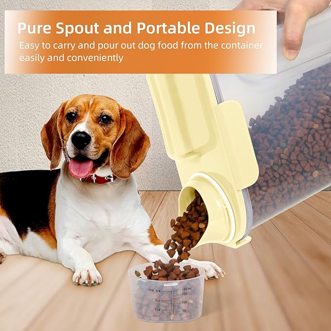 LEAWALK 5-7Lbs Cat Dog Storage Container, Portable Pet Food Containers with Upgraded Large Spout and Cup, Small Animal Kibble Dispenser for Bird Seed, Oatmeal, Rice, Flour (1, Cream yellow, 5L)