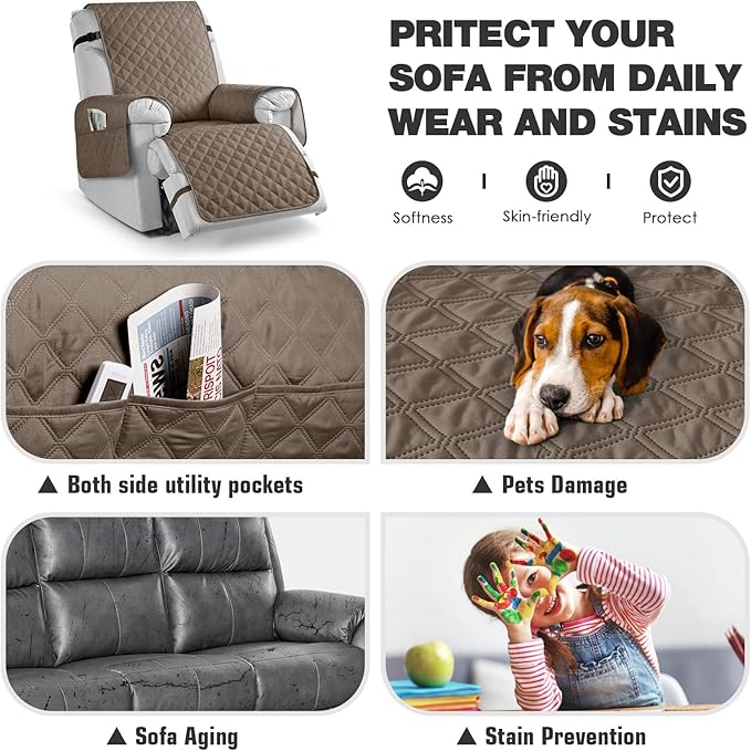 TAOCOCO 100% Waterproof Non-Slip Recliner Chair Cover Sofa Slipcover, Pet Cover for Recliner Chair with Elastic Straps, Washable Reclining Chair Cover Recliner Furniture Protector (23'' Small, Taupe)