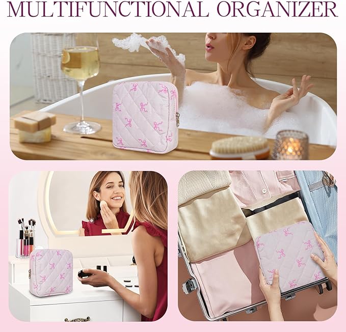 Small Floral Quilted Makeup Bag, Coquette Aesthetic Travel Toiletry Organizer for Women, Lightweight Cotton Cosmetic Pouch