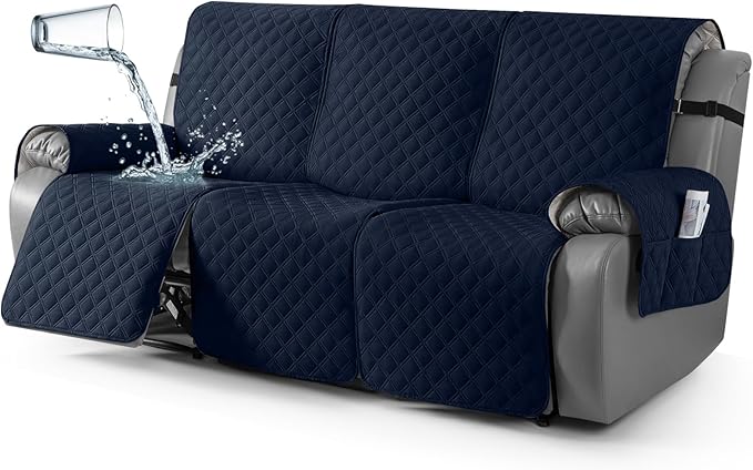 TAOCOCO 100% Waterproof Recliner Couch Covers, Recliner Sofa Covers with Leg Straps, 1-Piece Washable Reclining Sofa Cover with Pocket Couch Protector for Pets Kids(3 Seater, Dark Blue)