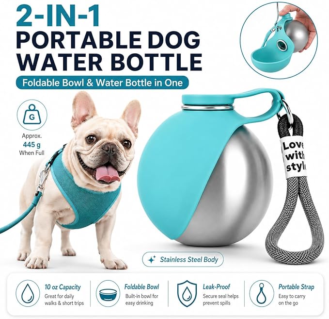 Portable Dog Water Bottle, 10 oz Stainless Steel Pet Travel Dispenser with Silicone Foldable Bowl, Leak Proof Tumbler, Dog Walking Accessories for Hiking and Small Pets (Blue)