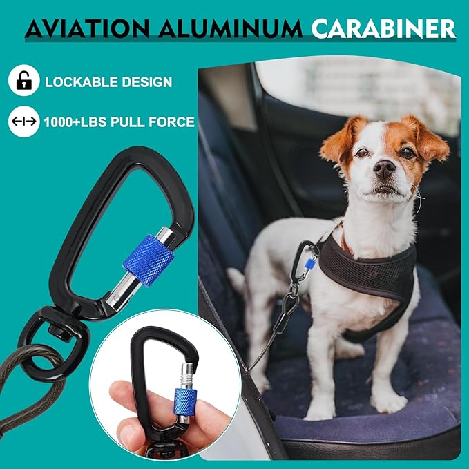 Chew Proof Dog Seat Belt for Car, 32 inch Black Dog Car Harness with Latch Bar Attachment and Aviation Aluminum Carabiner Up to 1000 lbs, Secure Dog Seatbelt Leash 2 Pack