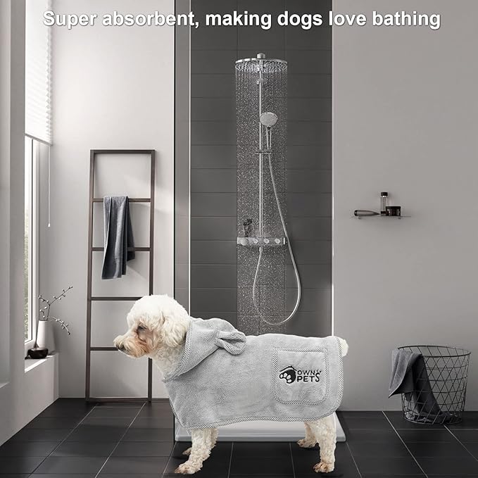 Ownpets Dog Bathrobe Towel, Super Absorbent Soft Dog Drying Coat with Cap & Pocket for Bathing & Beach Trips, Fast Drying & Machine-Washable for Small, Medium & Large Dogs (XS)