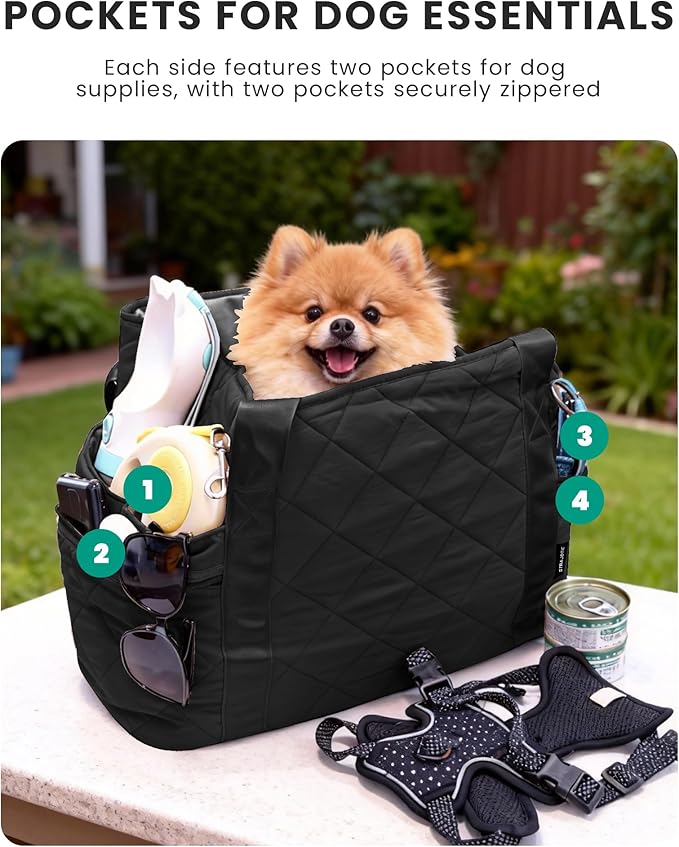Lightweight Dog Purse Carrier for Small Dogs up to 15 lbs, Dog Tote Bag Puppy Carrier, Soft Plush Interior, Safety Leash Clip, 4 Side Pockets Dog Carrier Bag for Travel & Walking, Black
