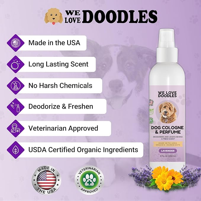 We Love Doodles Organic Dog Ear Cleaner & Dog Cologne Lavender - Ear Wash for Dogs, Puppy Ear Cleanser, Clean Ear Drops, Deodorant for Smelly Dogs, Long Lasting After Bath, Odor Eliminator Spray