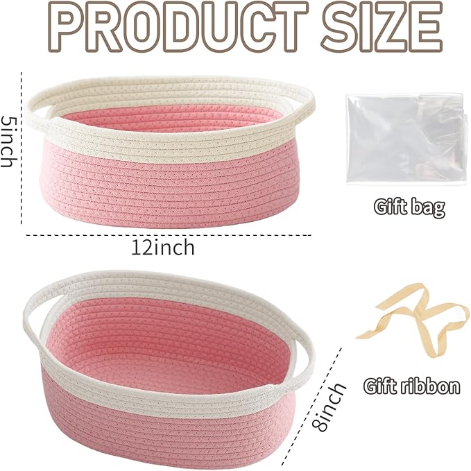 JMvicyroam Woven Basket,Small Rope Storage Bin with Handles & Ribbon Bag, Organizer for Shelves Closets,Gift Basket Empty for Birthday,Books,Dog Toys, White&Pink