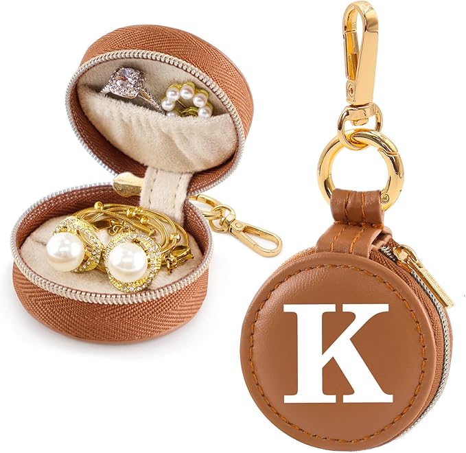 Mini Initial Travel Jewelry Case Ring Holder, Brown Faux Leather Small Jewelry Organizer Box Gifts for Women Girls Nurse Teacher, Gym Travel Accessories Keychain Pouch for Earrings Rings Necklace K