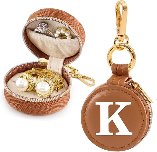Mini Initial Travel Jewelry Case Ring Holder, Brown Faux Leather Small Jewelry Organizer Box Gifts for Women Girls Nurse Teacher, Gym Travel Accessories Keychain Pouch for Earrings Rings Necklace K