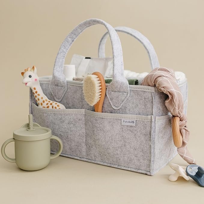 PUTSKA Baby Diaper Caddy Organizer - Nursery Storage Basket for Diaper Station, Baby Basket Shower List and Registry Gift Must-Haves, Newborn Essentials, Nursery Decor for Boy or Girl - Grey, XL
