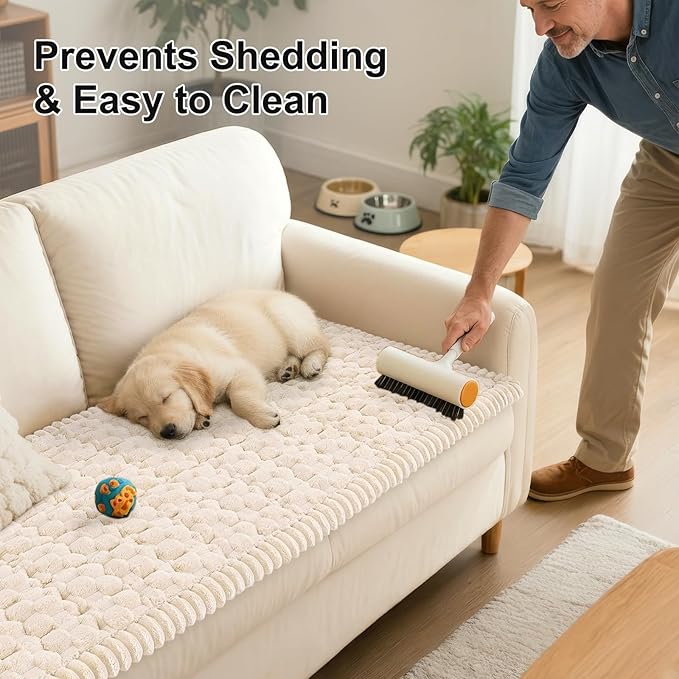 Smiry Pet Couch Cover for 3 Cushion Sofa, Non-Slip Fuzzy Couch Cover for Dogs Washable, Thick Soft Sofa Slipcovers Cushion Protector Pet Friendly (Cream, 27.6" x 82.7")