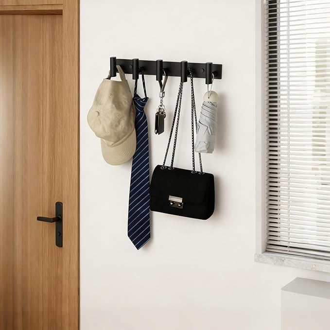 Alise Black Towel Hooks Towel Robe Coat Hook Rail with 5 Hooks Wall Mount Key Hooks for Coat Hat Towel Purse Robes Mudroom Bathroom,SUS304 Stainless Steel Wall Hooks Self Adhesive and Drilling