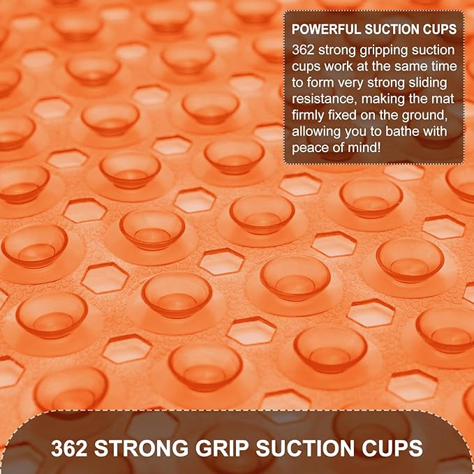 Bath Tub Shower Mat, Non Slip Bathtub Floor Liner Mats with Suction Cups and Drain Holes, Machine Washable Bathmat for Bathroom Floor Safety, 40 x 16 Inch, Clear Orange