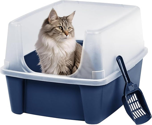 IRIS USA High Sided Cat Litter Box with Scatter Shield and Scoop, Open Top Cat Litter Pan, Navy