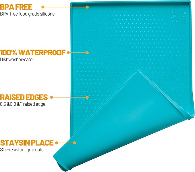 Hubulk Dog Feeding Mat,100% Waterproof Food Grade Silicone Pet Food and Water Bowl Placemat,Dishwasher, High Raised Edge to Prevent Spills,Nonslip Tray to Stop Messes on Floor (32"x24"x1.0", Teal)
