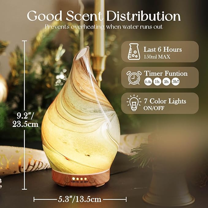 Porseme 150ml Glass Essential Oil Diffuser Aromatherapy Ultrasonic Cool Mist Humidifier 6 Running Hours Waterless Auto-Off Air Diffusers for Sleeping,Yoga,Office Working Spa and Rest (Deep Desert)