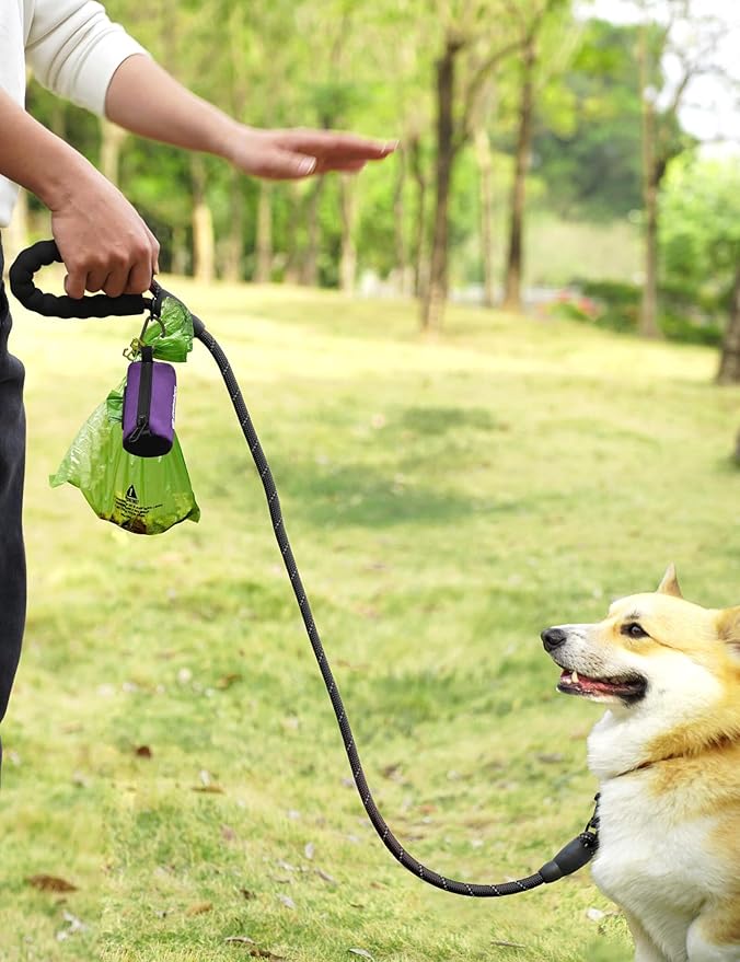 Gobeigo Dog Poop Bag Holder for Leash, Large Opening for Easy Pull Out, Doggy Poo Bag Dispenser with Used Waste Bag Carrier Suitable for Any Retractable Leash with 15 Unscented Bags (Purple)