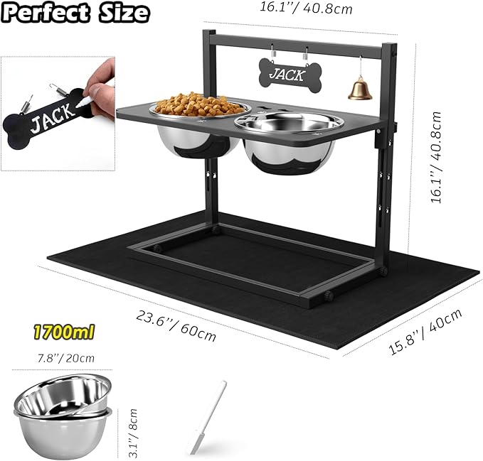 Elevated Dog Bowls With Mat, Adjustable Height 4.3-11.8'', Two 1.7L Stainless Steel Food & Water Bowls, Metal Raised Stand for Large, Medium Dogs