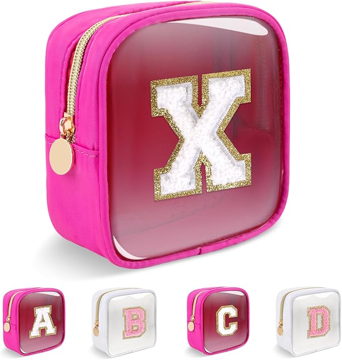 Personalized Initial Letter Clear Preppy Makeup Bag,Mini Nylon Chenille Letter Cosmetic Bag Cute Zipper Pouch Coin Purse for Teen Girls,Portable TSA Approved Travel Essentials Bag Gift for Women,X