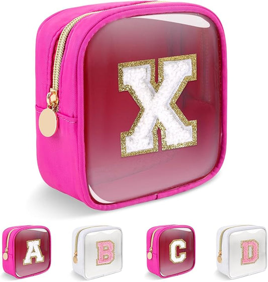 Personalized Initial Letter Clear Preppy Makeup Bag,Mini Nylon Chenille Letter Cosmetic Bag Cute Zipper Pouch Coin Purse for Teen Girls,Portable TSA Approved Travel Essentials Bag Gift for Women,X