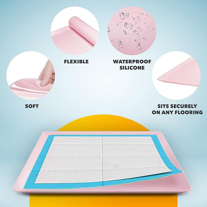 Skywin TidyFriend Dog Pee Pad Holder Tray - Fits Up to 24” x 24” Pee Pad Holder for Dogs - Stable Grip, Raised Edges, Quick-Wipe Silicone Surface Dog Pad Holder for Indoor Flooring Protection (Rose)