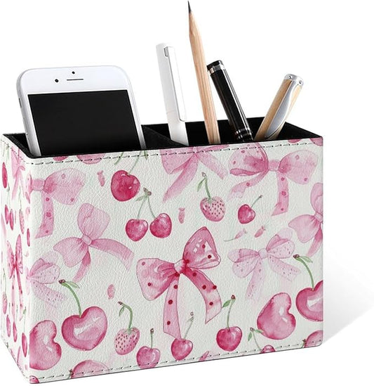 Famame Cute Bows Pink Cherry Pencil Holder for Desk, Leather Desktop Container Pen Cup Storage Study Table Pen Organizer Makeup Brush Holder for Classroom Office Home