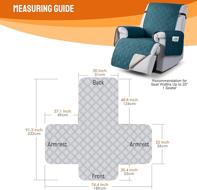 VANSOFY 100% Waterproof Recliner Chair Covers, Recliner Cover Non-Slip Dog Chair Cover Furniture Protector Washable Slipcover with Pocket, Elastic Straps for Pets, Dogs(Peacock Blue, 20")