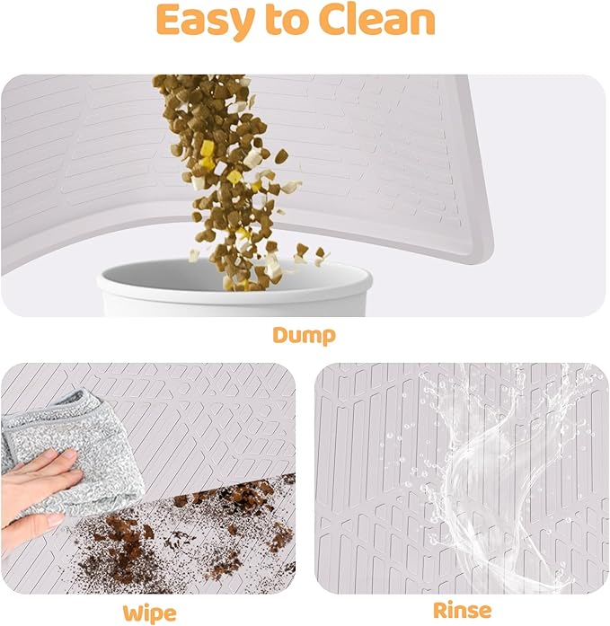 Cat Food Mat with Toy Ball, 34'' x 22'' Extra Large Silicone Pet Feeding Mat with Raised Edge Pet Placemat for Food and Water Bowl Non-Slip, Easy to Clean, Floor Protection (White)