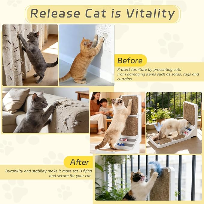Cat Scratcher Cat Scratch Pad L Shape Wall Mounted Dual Use (Vert/Horiz) Kitten Bunifa Scratching Card Board Vertical Post with Ball Toys Feathers,Protecting Furniture Core is Replaceable Large White