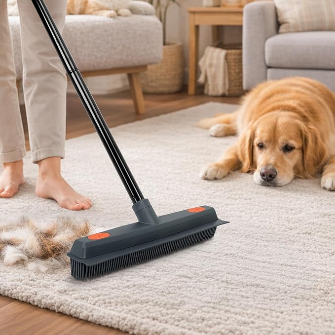 MAVRIZ Rubber Broom Carpet Rake for Pet Hair Removal - Fur Remover Broom with Squeegee for Carpet, Hardwood Floor, Tile