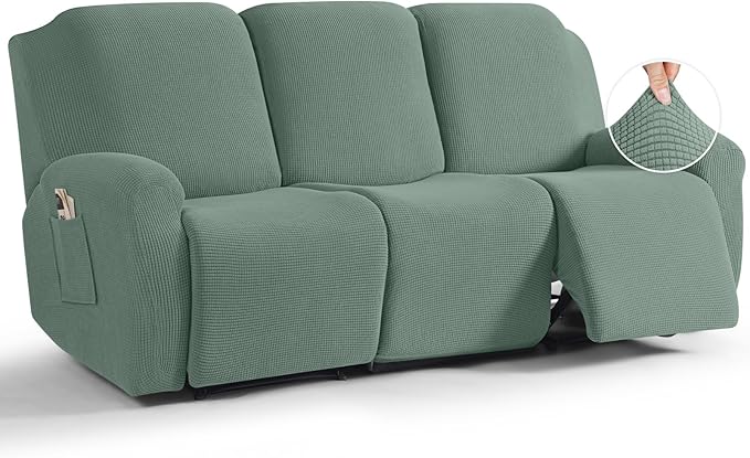 TAOCOCO Recliner Sofa Covers 8-Pieces Stretch Large Couch Covers for 3 Seats Reclining Slipcovers Soft Jacquard Pattern Furniture Protector (Sage Green)