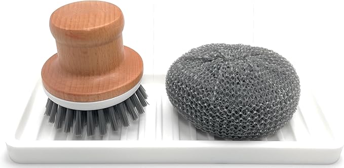 Happitasa Silicone Kitchen Sink Organizer Tray, Sponge Holder and Countertop Protector | Bathroom and Kitchen Soap Dish and Dispenser Tray (White, 9"x3.5")