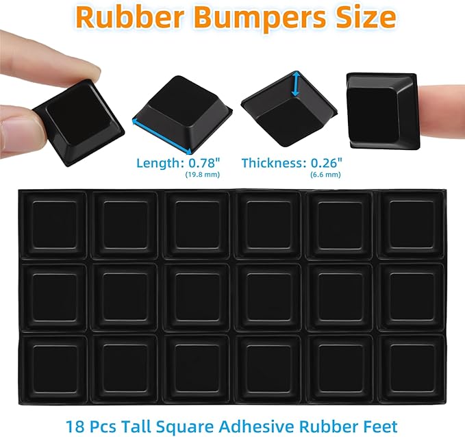 Furnigear Rubber Feet Self Adhesive Pads - Large Square Black Tall (18pcs) for Electronics, Speakers, Furniture, Appliances, Audio Equipment, Laptop