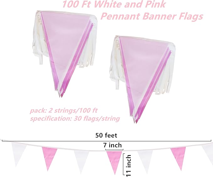 100 Feet Pink & White Pennant Banner Flags String Hanging Pink & White DIY Triangle Bunting Flags,Party Decorations for Grand Opening,Party Events Celebration,Kids Birthday,60 Pcs