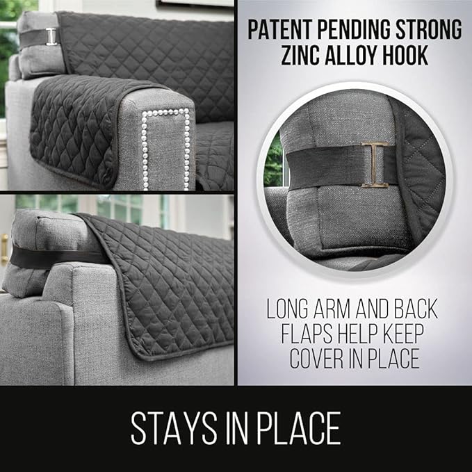 Sofa Shield Armchair Slip Cover with Patented Strap, Cushion Protector, US Designed Reversible Stain and Dog Tear Resistant Slipcover, 48 inch Seat, Washable Covers for Dogs Pets, Charcoal