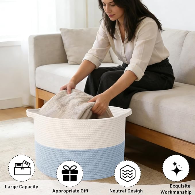 115L Extra Large Woven Cotton Rope Blanket Basket with Handles, Laundry Hamper Storage Bin for Pillows, Comforters,Clothes, Toys, Nursery, Bedroom and Living Room Organization,White&Blue