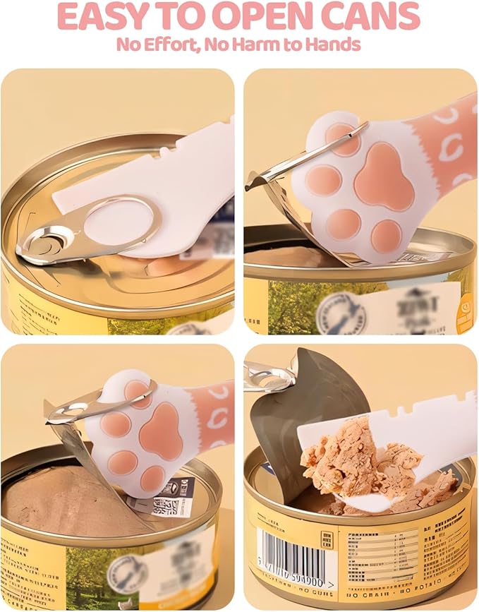 Aecsze 5 PCS Cat Food Can Covers Lids Set - Cute Paw Design Pet Cans Lids Covers with Can Opener, Wet Food Spoon & Cat Treat Squeeze Spoon for Cats, Dogs (Pink)