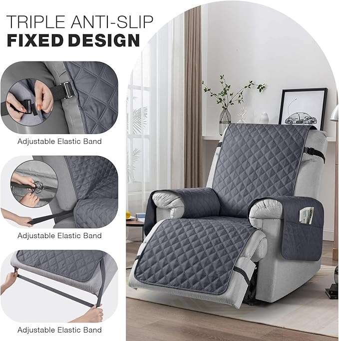 TAOCOCO 100% Waterproof Recliner Chair Cover Non-Slip Reclining Cover for Recliner Chair Washable Chair Seat Cover with Elastic Straps for Pets Sofa Slipcover with Pocket (Small 23'', Smoke Gray)