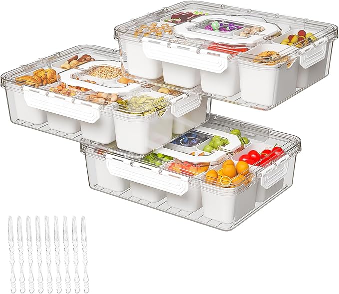 REBECAT Divided Serving Tray with Lid and Handles 8 Compartments Snack Box Container Charcuterie Organizer Snackle Box Container for Candy,Nuts，Fruits,Snacks,3 Pack,White