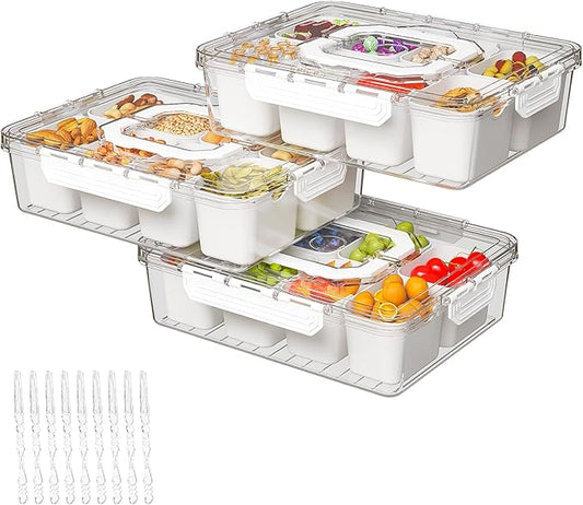 REBECAT Divided Serving Tray with Lid and Handles 8 Compartments Snack Box Container Charcuterie Organizer Snackle Box Container for Candy,Nuts，Fruits,Snacks,3 Pack,White