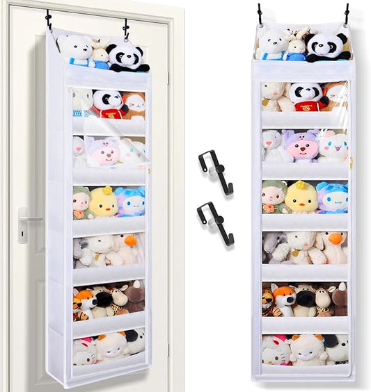 Over the door stuffed animal storage, dust-proof door organizer hanging,【holds up to 70 lbs】Ideal for organizing on doors, such as yarn storage, plush toys, diapers, and other small to medium items.