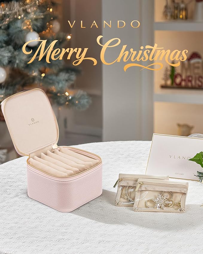 Vlando Travel Jewelry Case,Jewelry Organizer with 6 zipper velvet Jewelry bags for Women Girl,Wedding Birthday Gift Ideas for Women Earrings Rings Storage Gift Box Packaging Pink