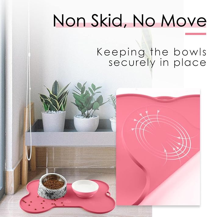 Super Design Dog Food Mat Dog Bowl Mat for Food and Water Silicone Non Spill Cat Feeding Mat Puppy Placemat Waterproof - 20.5" x 14.5", Pink