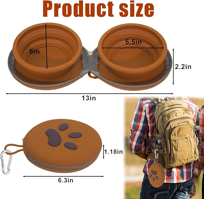 Collapsible Dog Bowls, 2-in-1 Silicone Pet Food and Water Bowl with Carabiner, Portable Double Compartment Dish for Travel, Camping, Hiking Puppy Essentials (Brown)